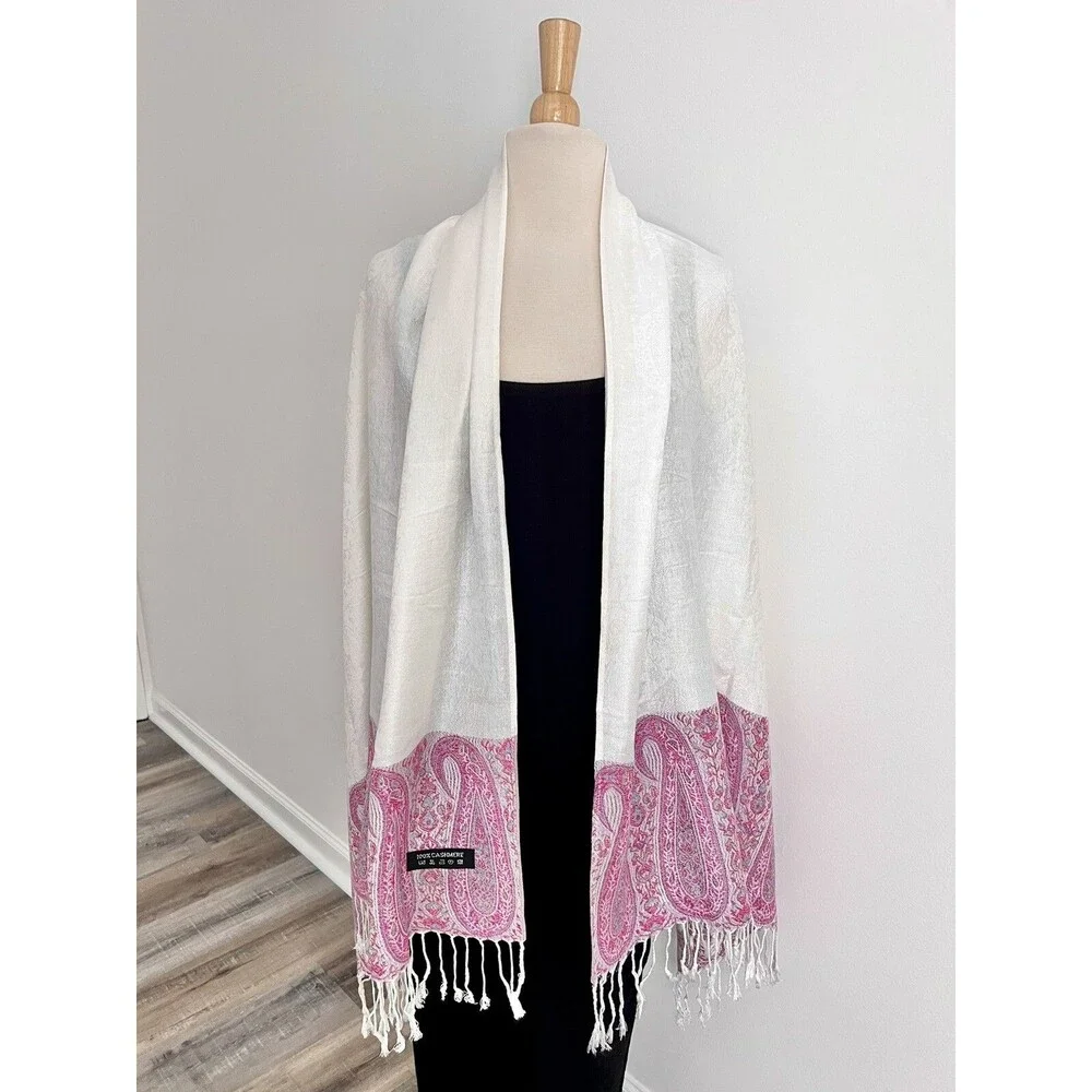Soft Ivory Paisley Floral Scarf 100% Cashmere Boho Casual Colorful Pink Border